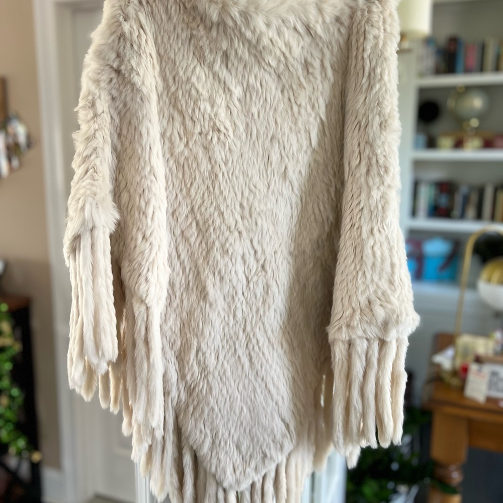 Women’s Cream color Rabbit fur Oversized Shrug Poncho with Fringe